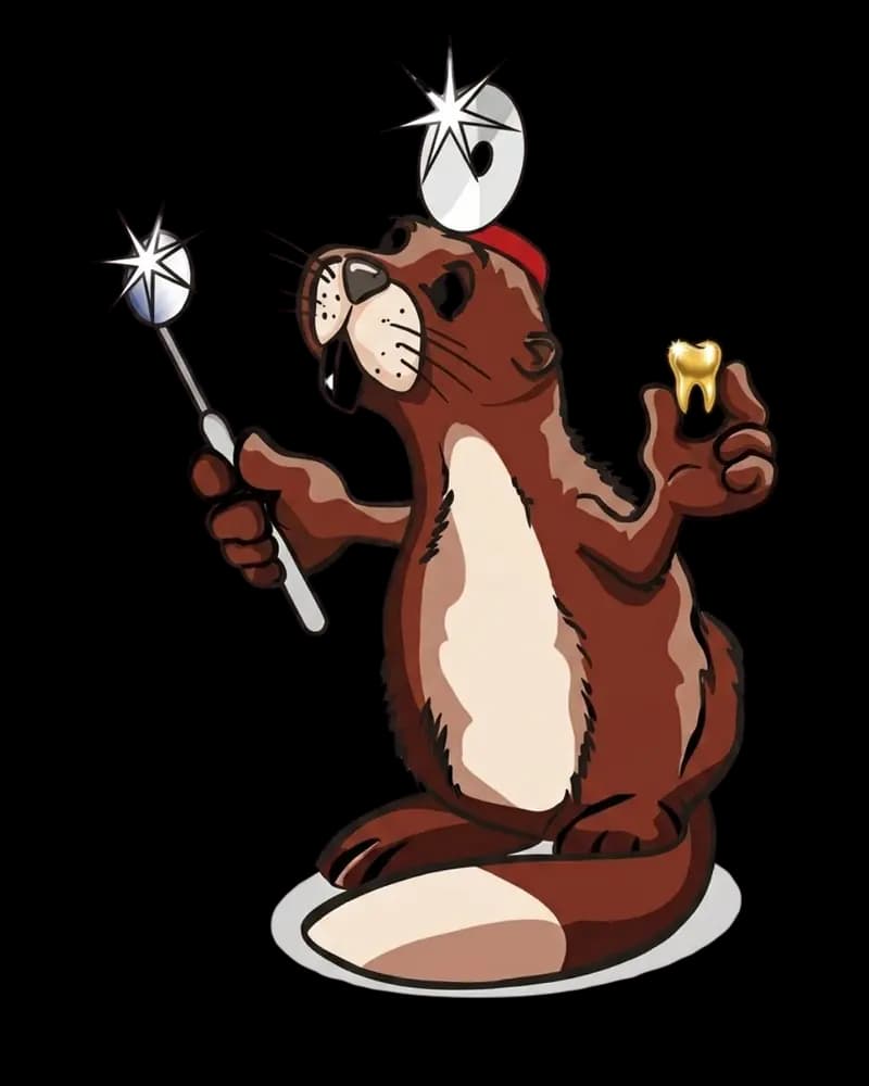 Der Biber, das Maskottchen der Praxis, mit Zahnspiegel und goldenem Zahn